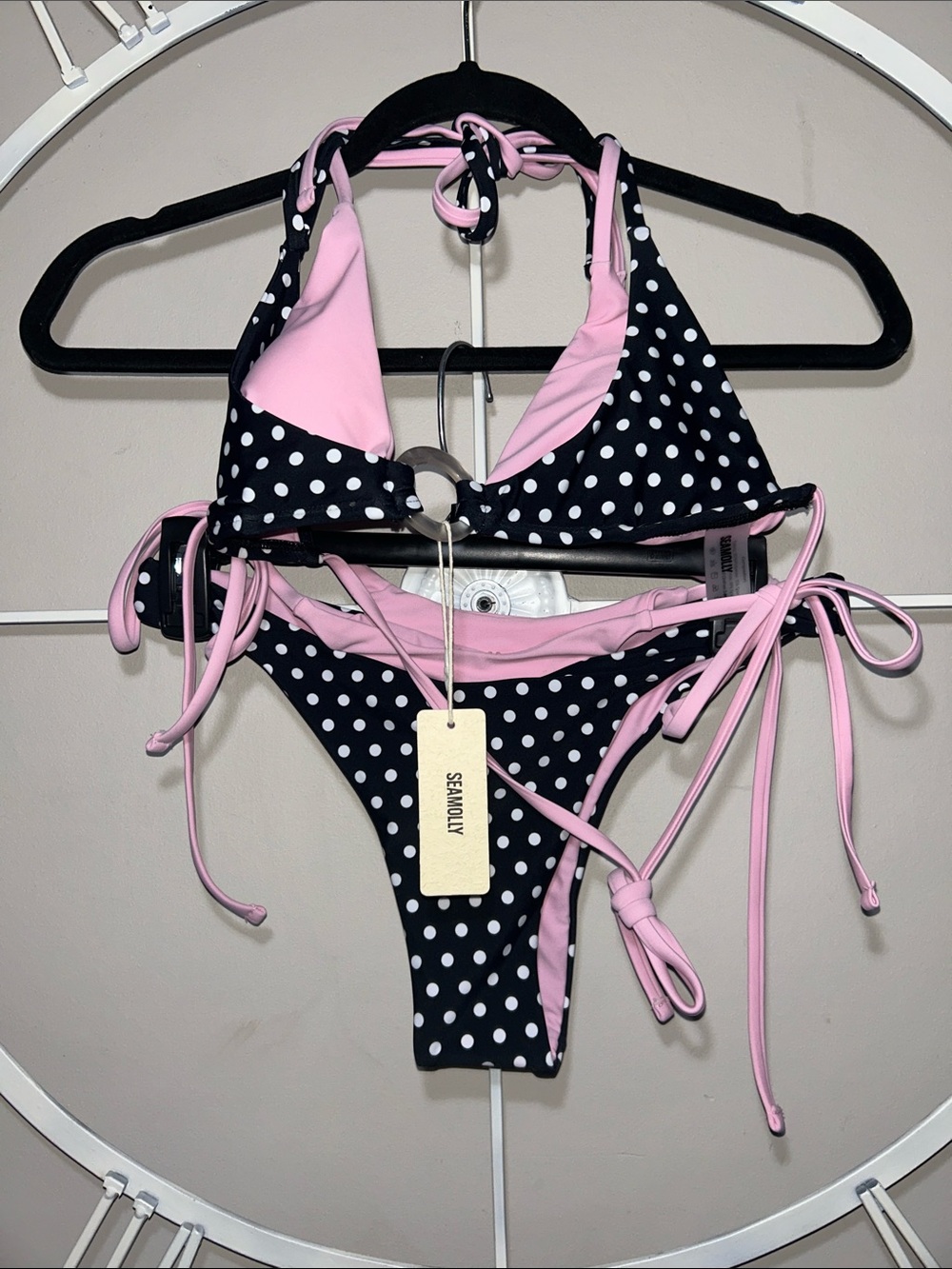 NWT Seamlily Contrast Color B & W Polka Dot w/ Pink Ties O Ring Double Bikini